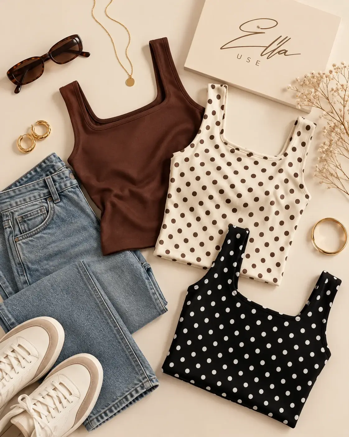Composição USE ELLA com jeans, regatas marrons e de poá, tênis e acessórios